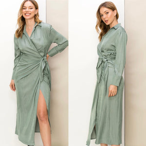 The “Chic Event” Silky Wrap Dress In Sage