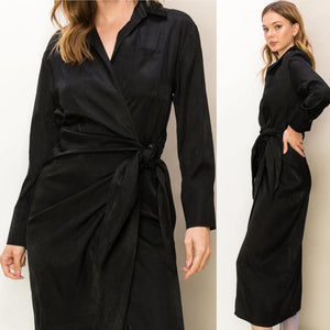 The “Chic Event” Silky Wrap Around Satin Dress In Black