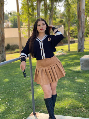 The “I’ll Cheer U On” Suede Pleaded Skirt
