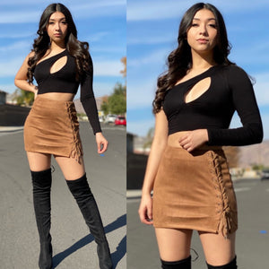 The “Dolled Up” Suede Skirt In Mocha