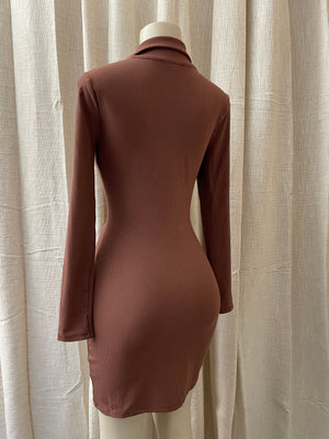 The “Caroline” Collar Ribbed Dress In Brown