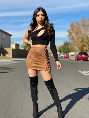The “Dolled Up” Suede Skirt In Mocha