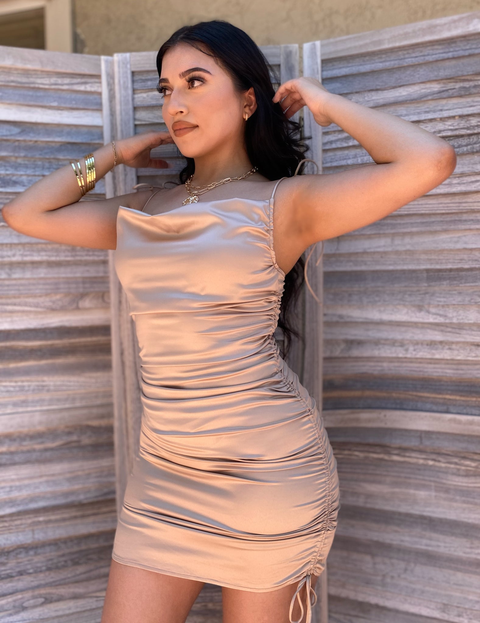 The “Alyna” Satin Ruched Dress