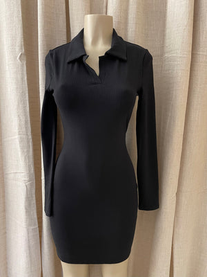 The “Caroline” Ribbed Collar Dress In Black
