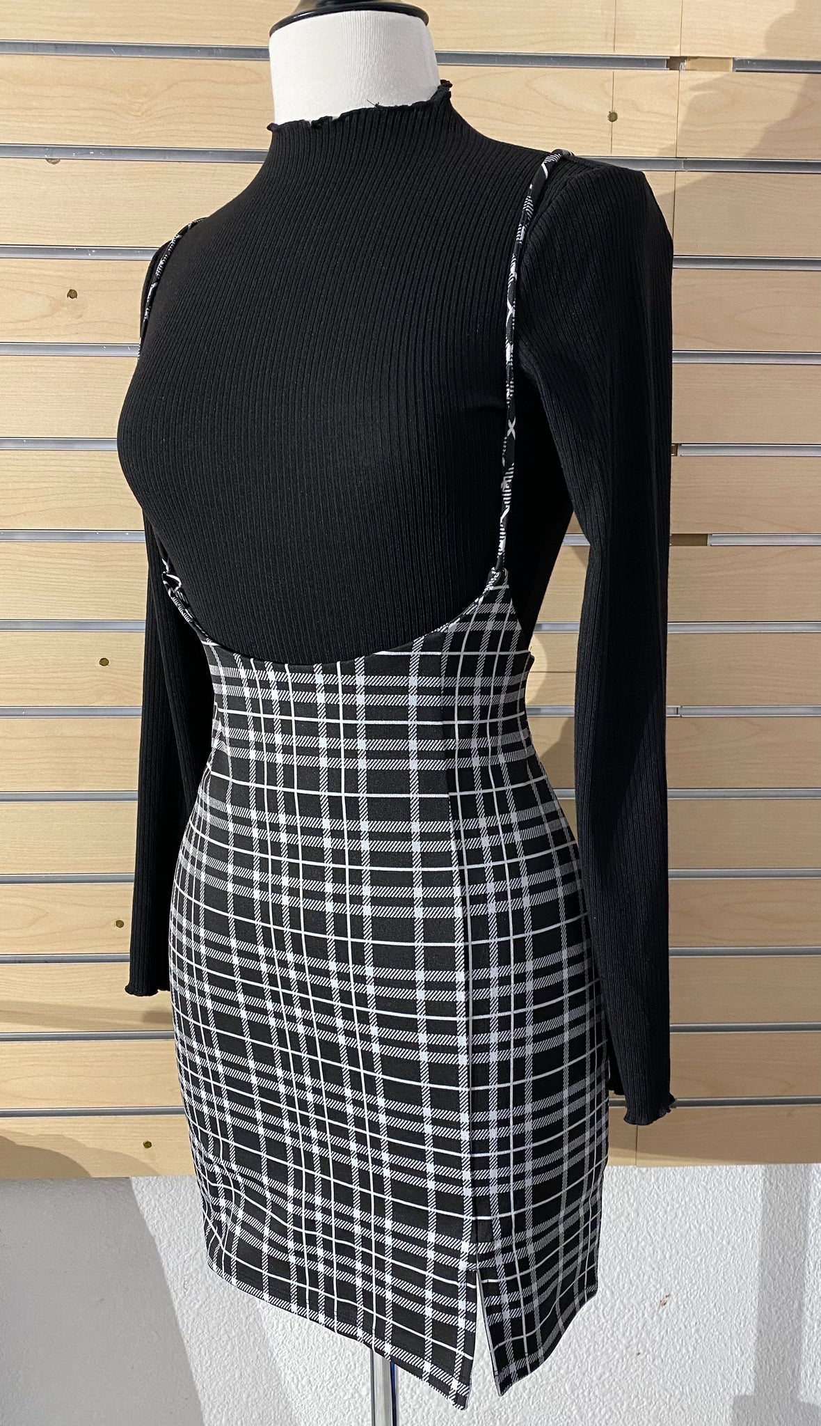 The “Teresa” Plaid Suspender Dress In Black & White