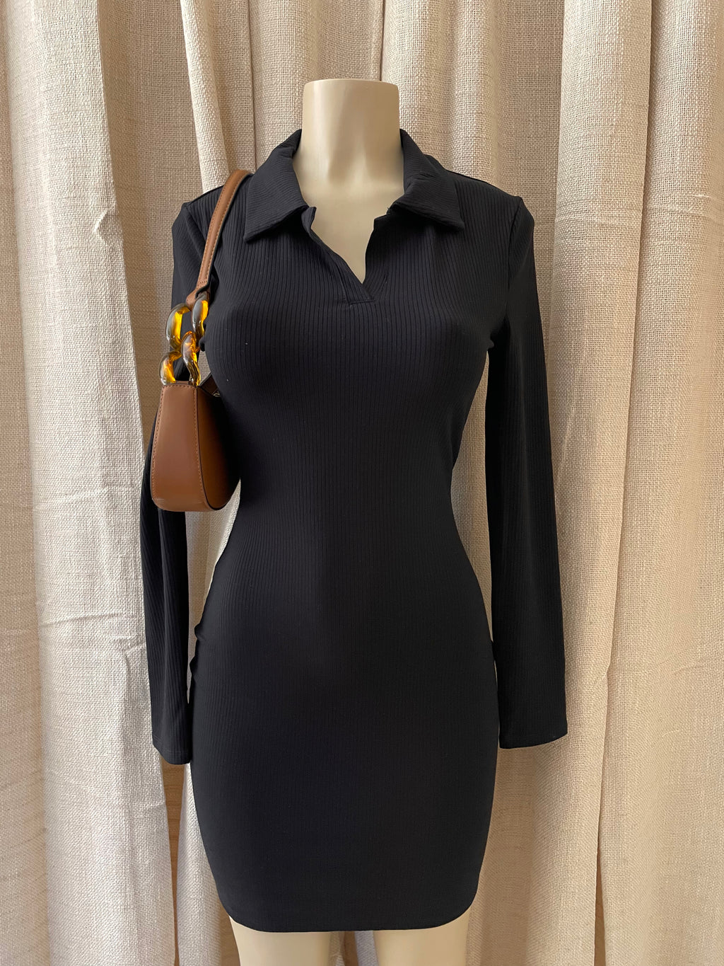 The “Caroline” Ribbed Collar Dress In Black