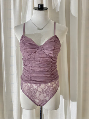 The “Zamora” Ruched & Lace Bodysuit In Purple